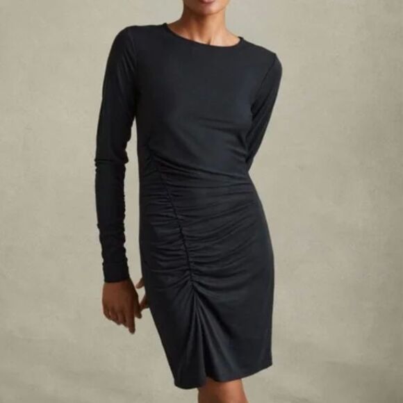 ALC Long Sleeve Ruched Solid Black Mini Dress Classic Cocktail LBD Size Large - Picture 1 of 7